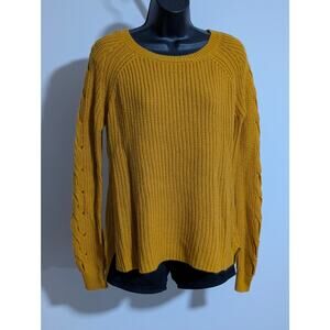 Rue21 Mustard Yellow Cable Knit Sweater Lace Up Sleeve Detail Pullover Medium